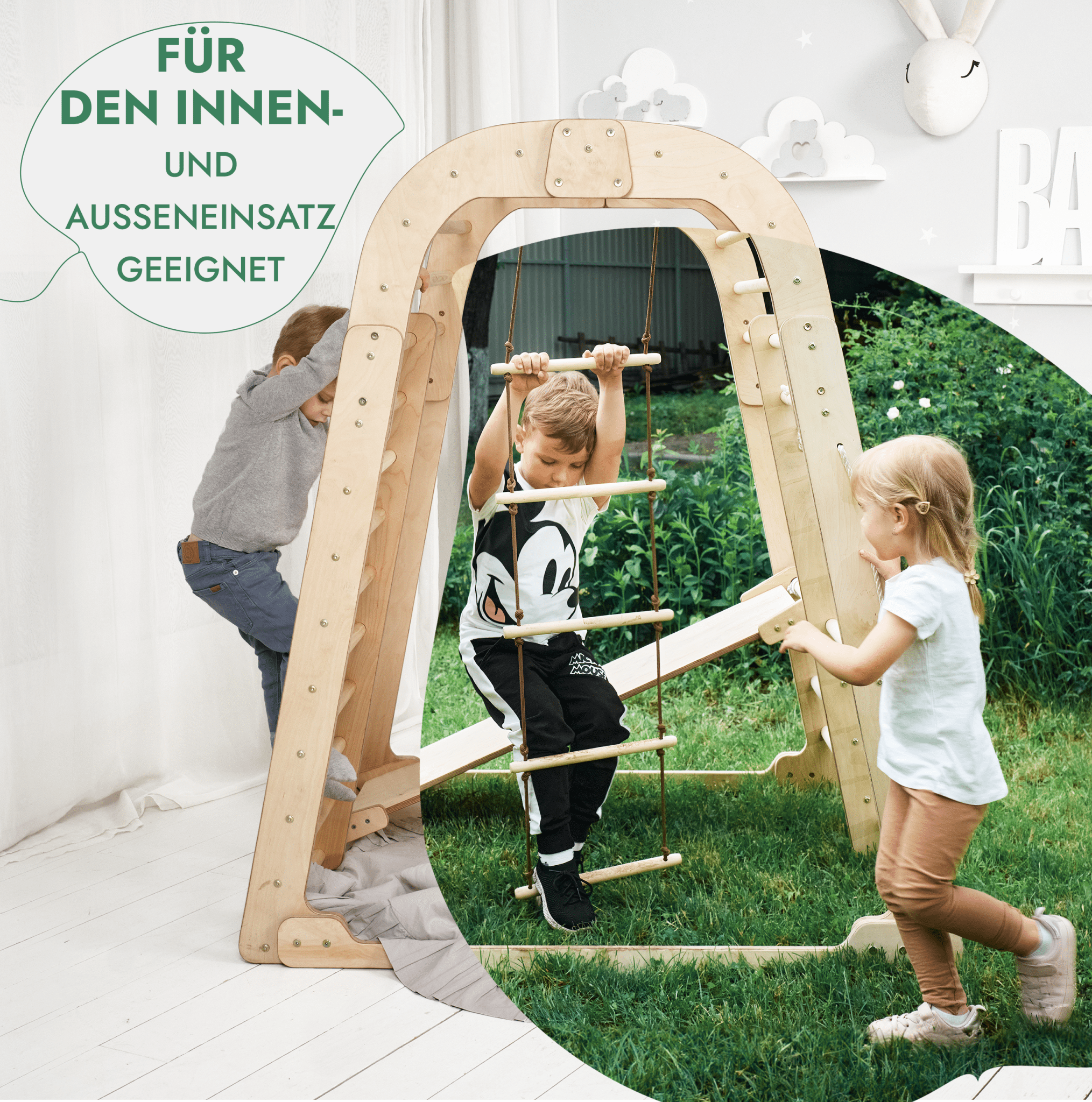 6in1 Indoor Spielplatz für Kinder: Klettergerüst mit Kletternetz, Rutsche, Gymnastikringe, Hängende Leiter und Disc-Schaukel – Beige-3