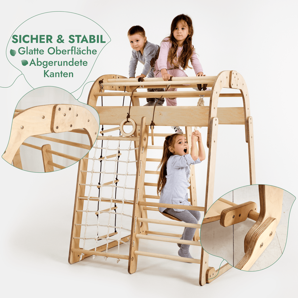6in1 Indoor Spielplatz für Kinder: Klettergerüst mit Kletternetz, Rutsche, Gymnastikringe, Hängende Leiter und Disc-Schaukel – Beige-2