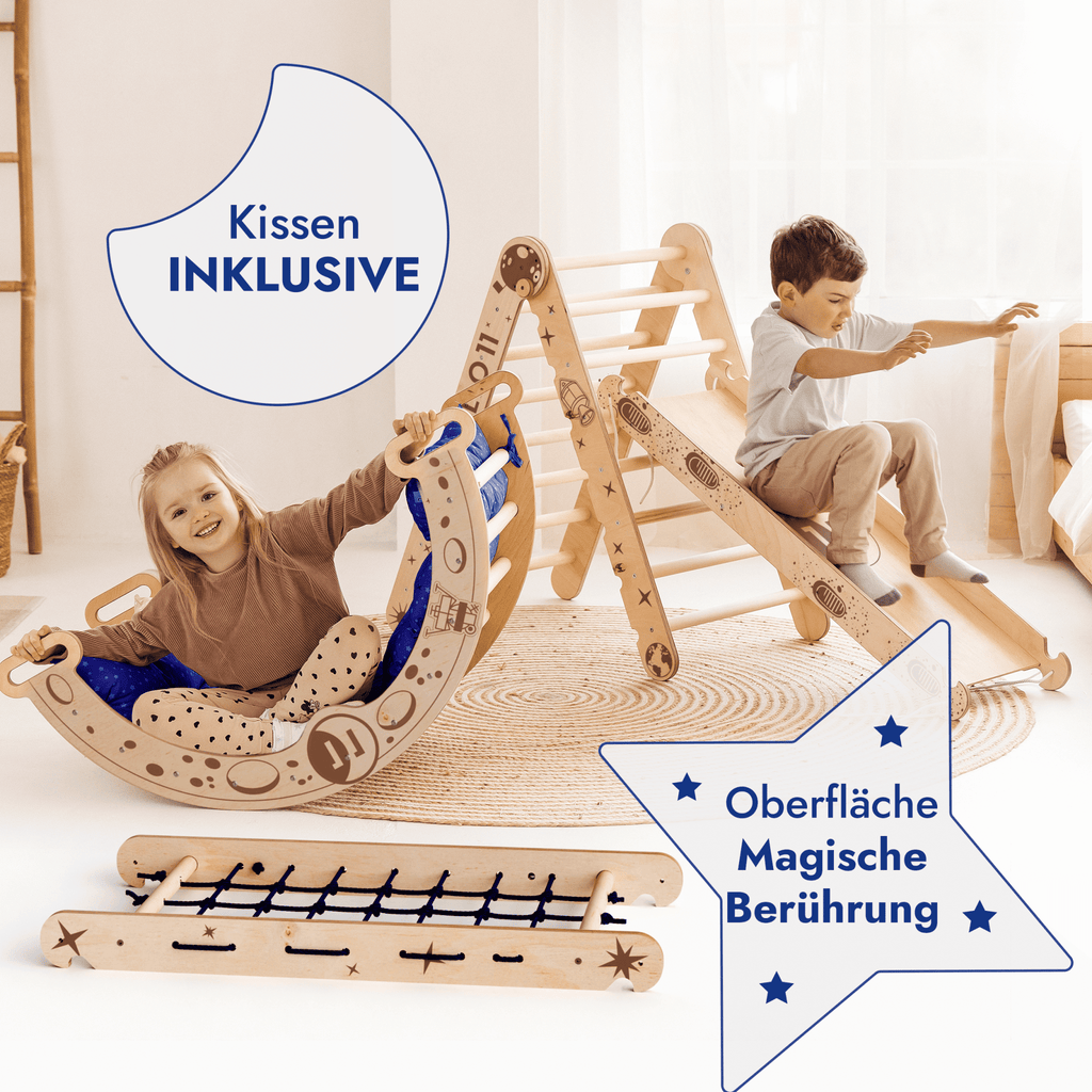 Apollo 5-in-1 Kletterset: Pikler-Dreieck, Kletterbogen, Rutschbrett, Kissen und Netz für kleine Astronauten-1