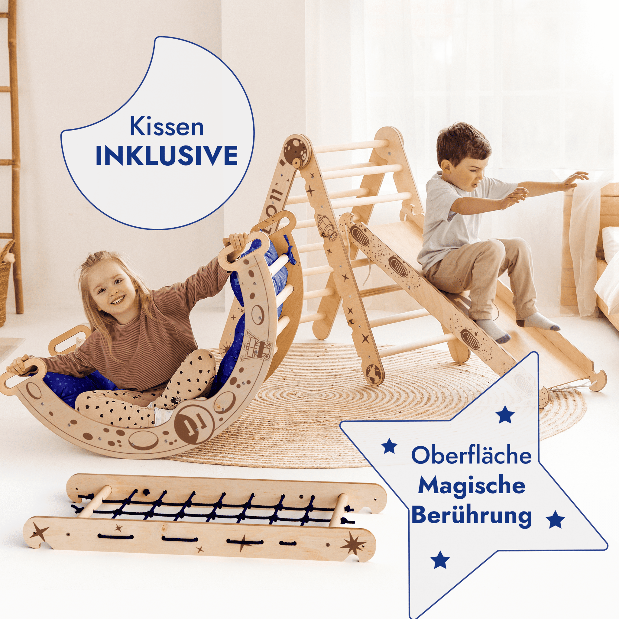 Apollo 5-in-1 Kletterset: Pikler-Dreieck, Kletterbogen, Rutschbrett, Kissen und Netz für kleine Astronauten-1