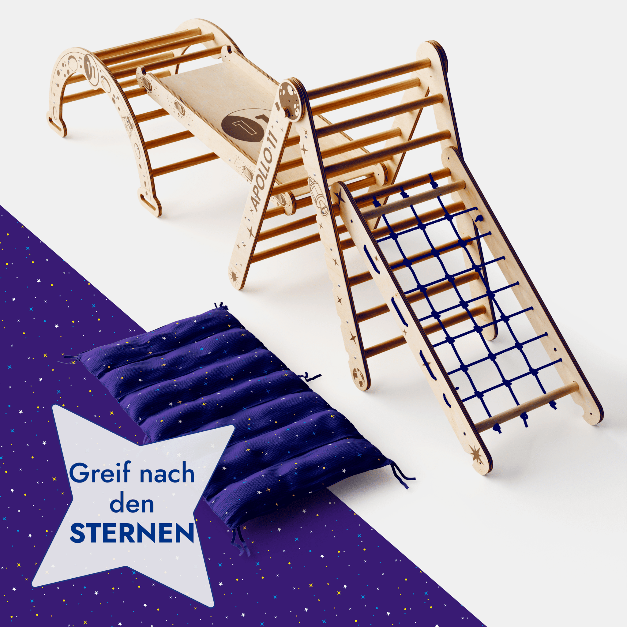Apollo 5-in-1 Kletterset: Pikler-Dreieck, Kletterbogen, Rutschbrett, Kissen und Netz für kleine Astronauten-4